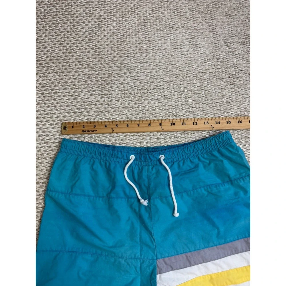Vintage Izod Lacoste Mens Teal Blue Striped Swim Trunks Board Shorts Size M
